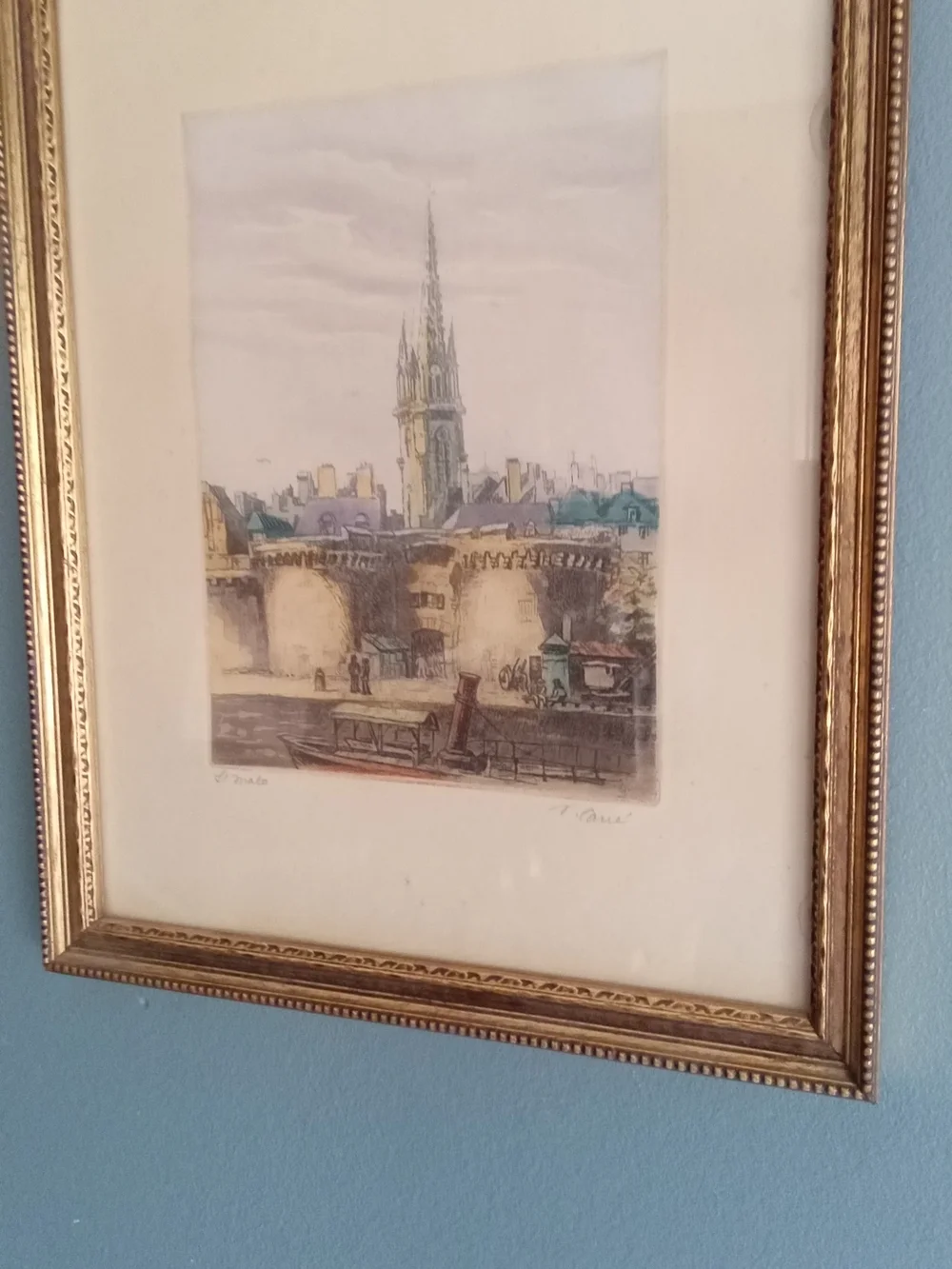 V. Carre St Malo Signed Etching Hand Colored Framed Vintage French Cityscape Art